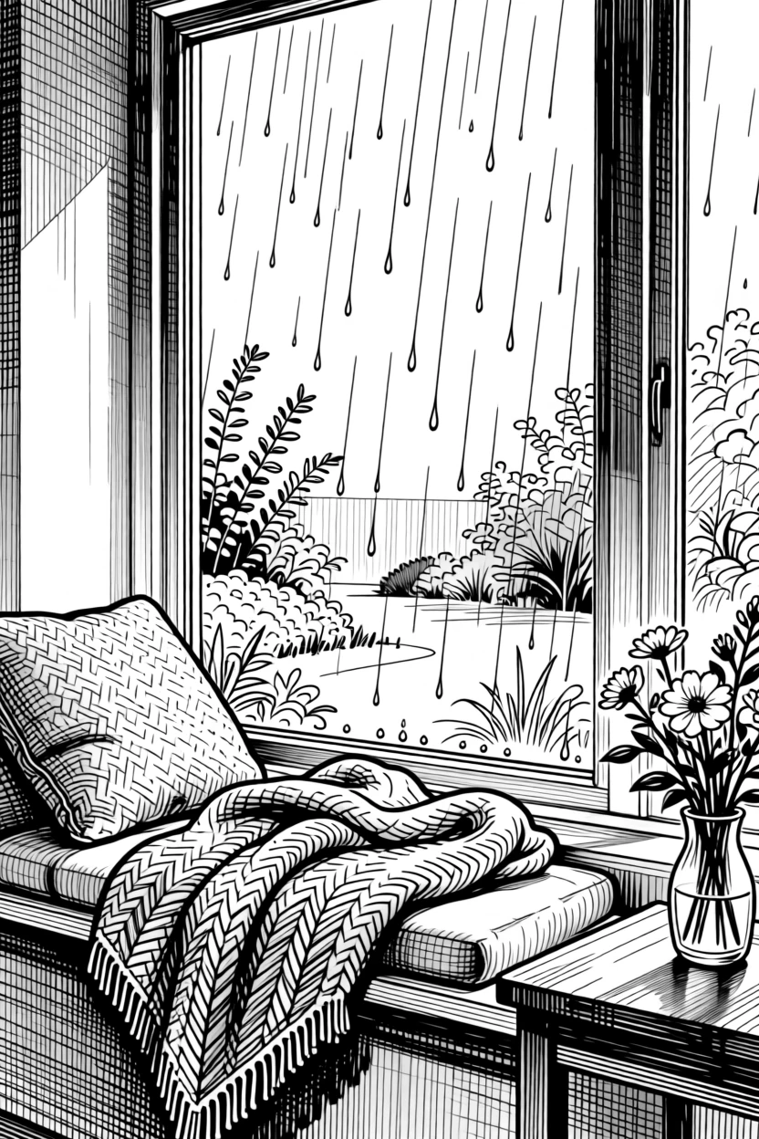 A window seat overlooking a rain-streaked garden beneath a soft wool blanket on a rainy afternoon, with a small vase of fresh flowers nearby, evoking a softly meditative sense of calm.