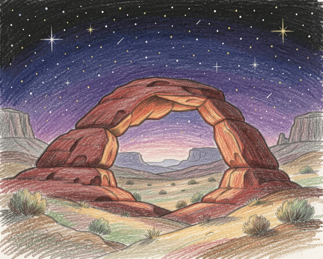 A Utah desert arch glowing red under a star-filled sky, with rich, inviting textures throughout the scene, perfect for anyone drawn to gentle, heartfelt imagery.