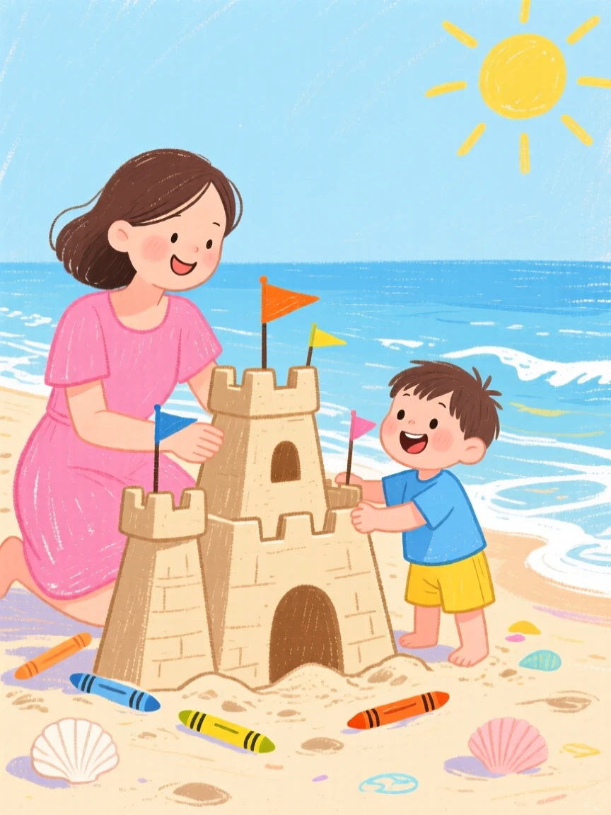 A mother and her toddler building a sandcastle at the edge of the tide.