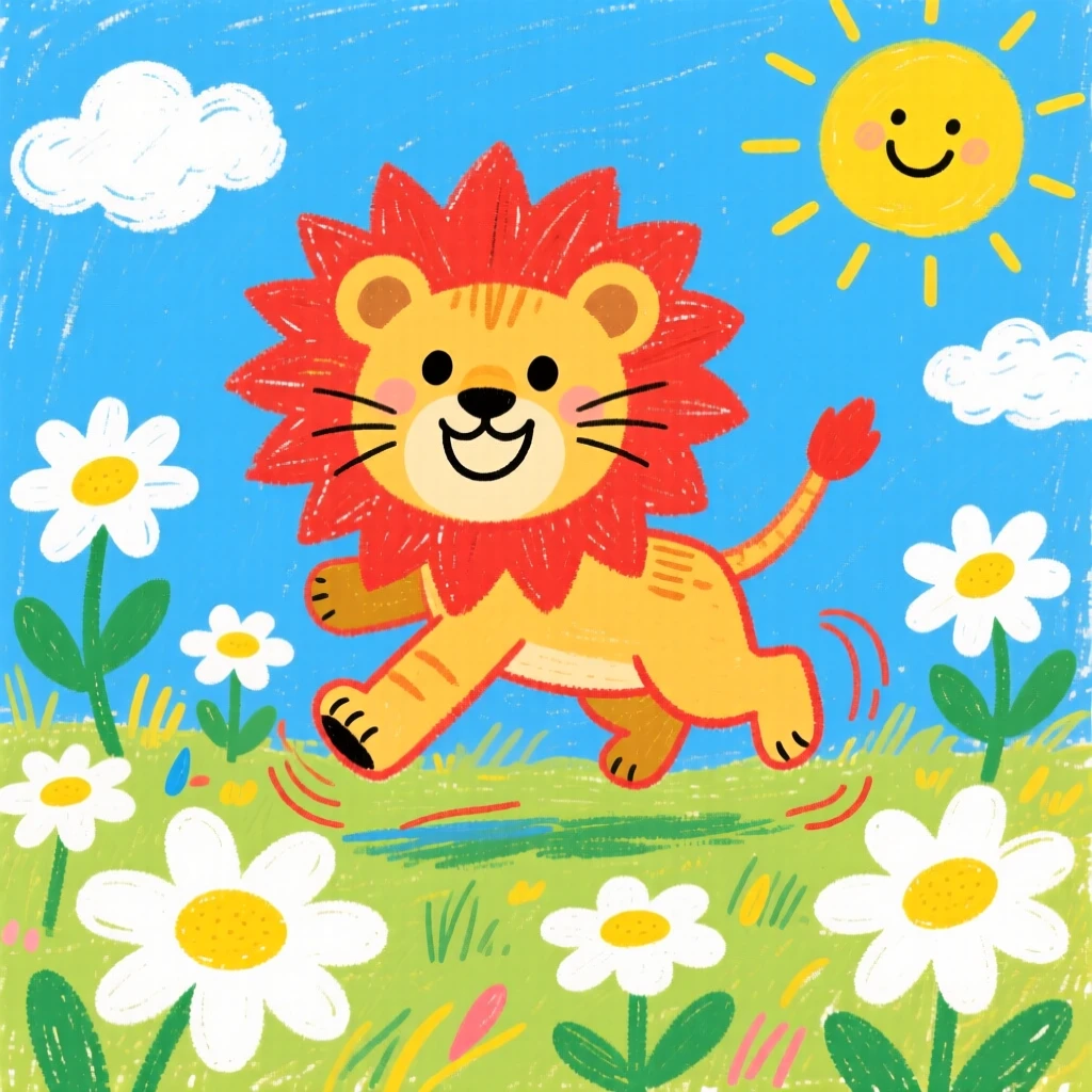 A fuzzy lion cub hopping through a meadow of daisies.