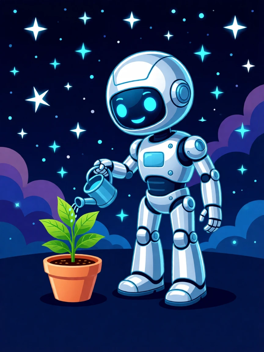 A friendly humanoid robot watering a small potted plant, set against a backdrop of starry outer space, arranged with balanced negative space around the subject, with sleek metallic textures catching soft light.
