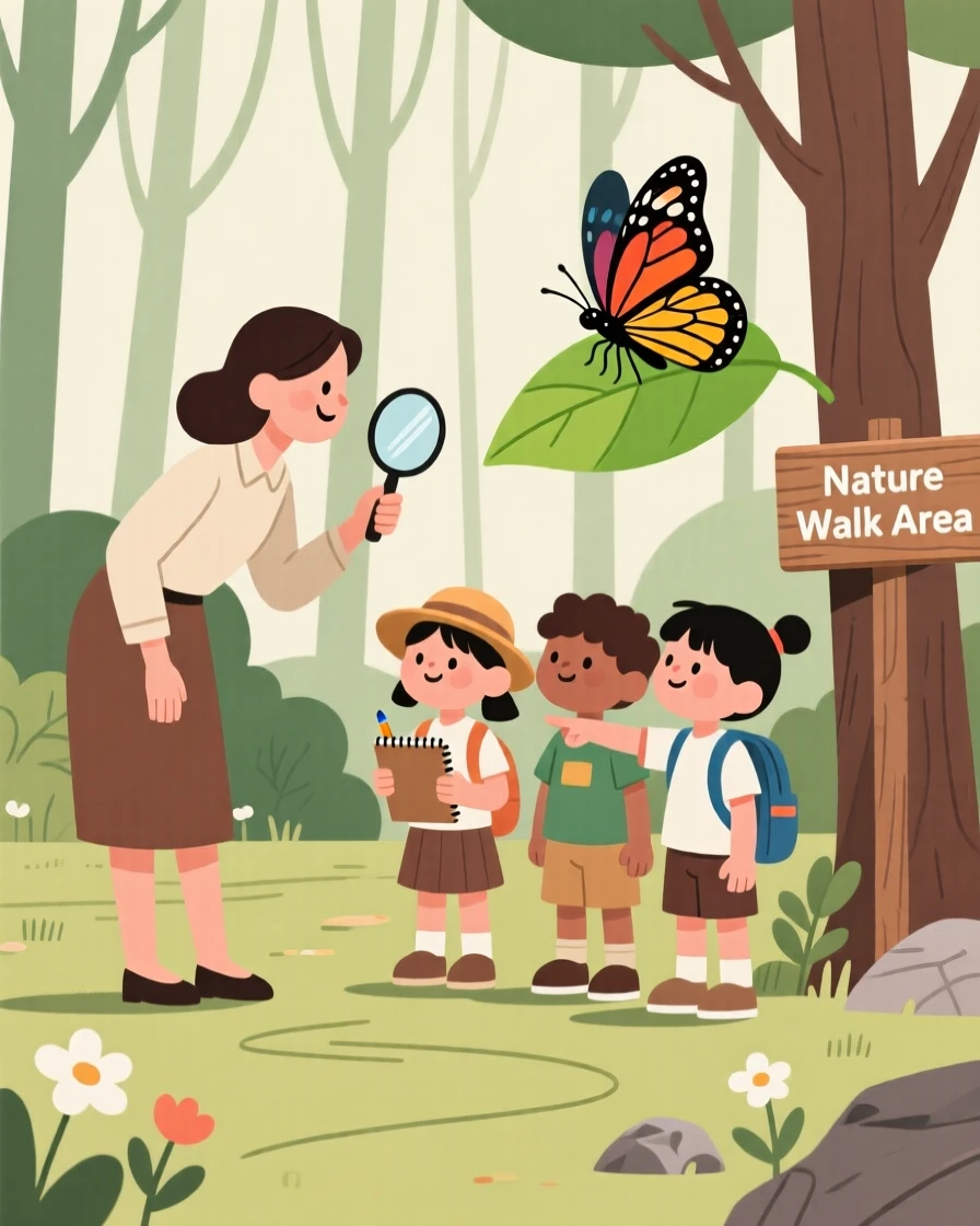 A teacher guiding young students through a hands-on nature walk.