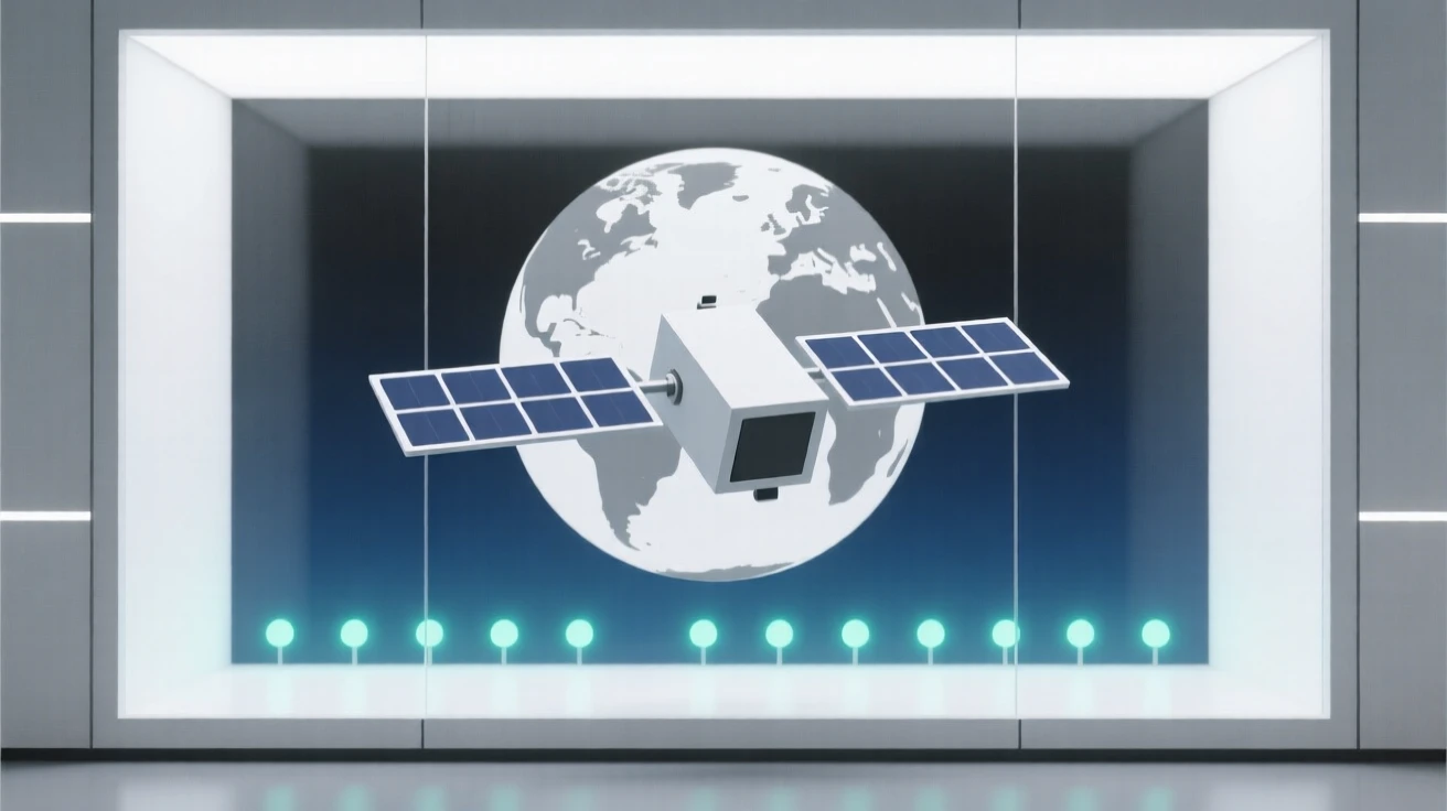 A view of satellite orbiting Earth operating within an innovation showroom, near glowing indicator lights, evoking quiet efficiency.