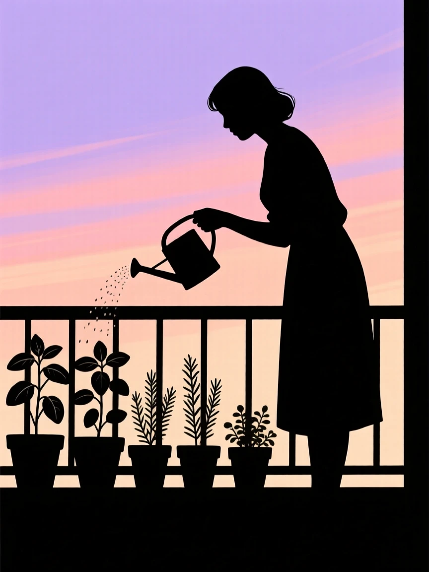 A person watering a row of herbs on a small apartment balcony.