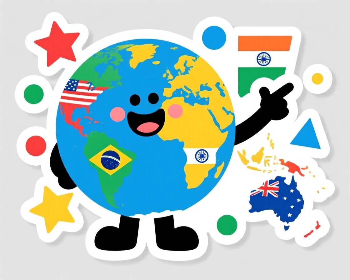 A playfully educational cartoon globe pointing out different countries, surrounded by simple colorful shapes, made for curious young minds.