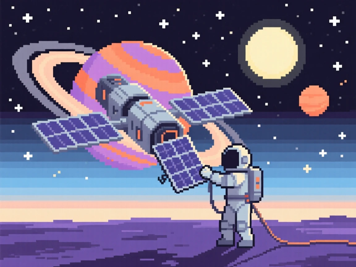 A space station orbiting a ringed planet repairing a solar panel under starlight, on an alien world with two suns.