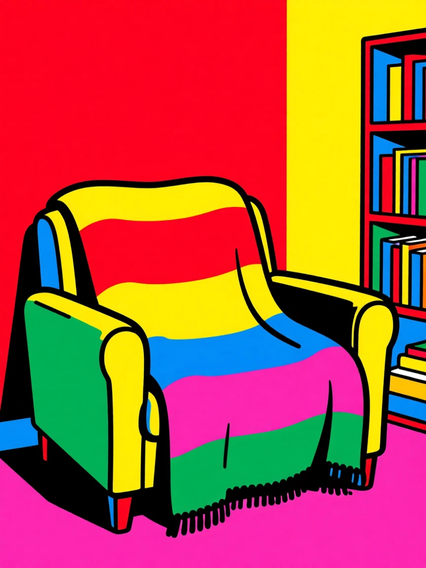Cozy reading nook with a striped throw blanket