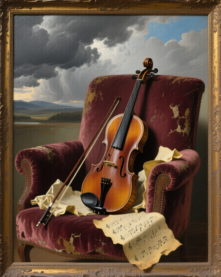 A tightly framed close-up of a violin leaning against a worn armchair beside sheet music, beneath heavy grey storm clouds, in the Renaissance period.