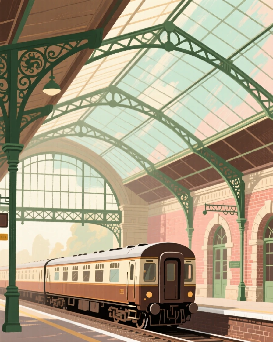 A grand old train station with an ornate glass and iron roof