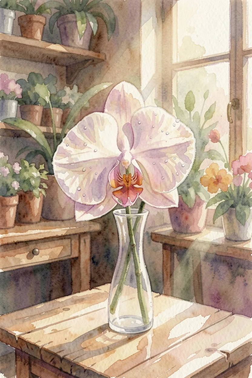 A single orchid in a slender vase in a charming flower shop with morning dew on the petals.
