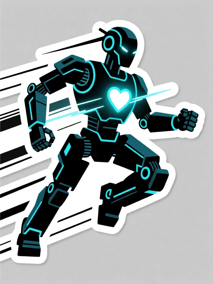 An action-packed robot companion with a heart-shaped chest light, with motion lines emphasizing speed and power, in an epic imaginary universe.