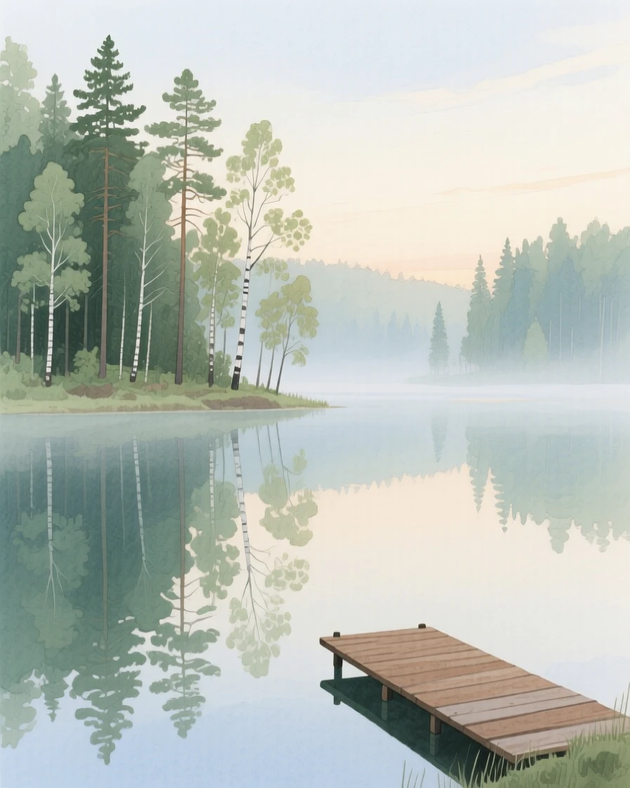 A serene view of a still forest lake, while the world remains still and quiet, evoking calm and quiet reflection