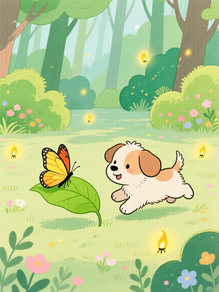 A puppy chasing a butterfly resting peacefully in a quiet forest clearing as fireflies begin to glow.