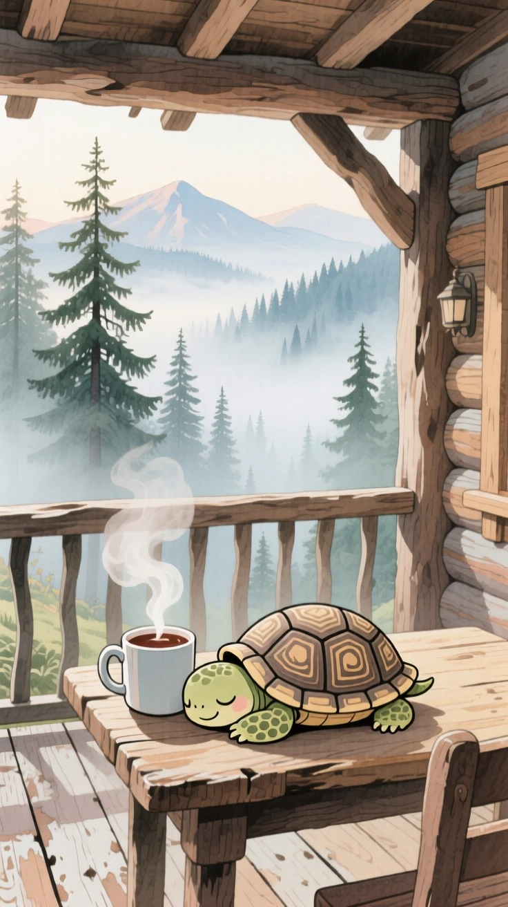 A tiny turtle curled up asleep next to a warm mug of cocoa, set in a mountain cabin porch overlooking misty pines, filled with wide-eyed wonder.
