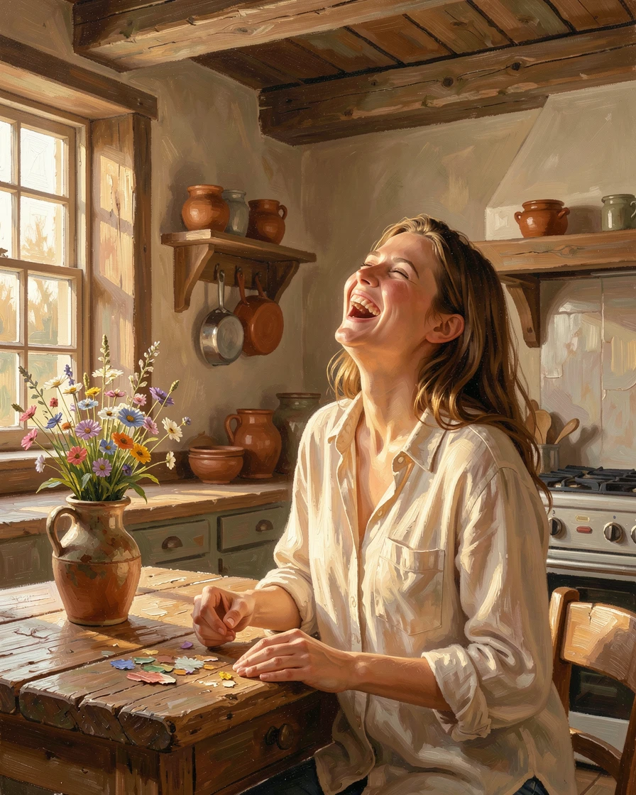 A young woman laughing joyfully with her head tilted back, beside a rustic wooden table in a farmhouse kitchen, a genuine, unguarded smile, in the quiet hush just after sunrise.