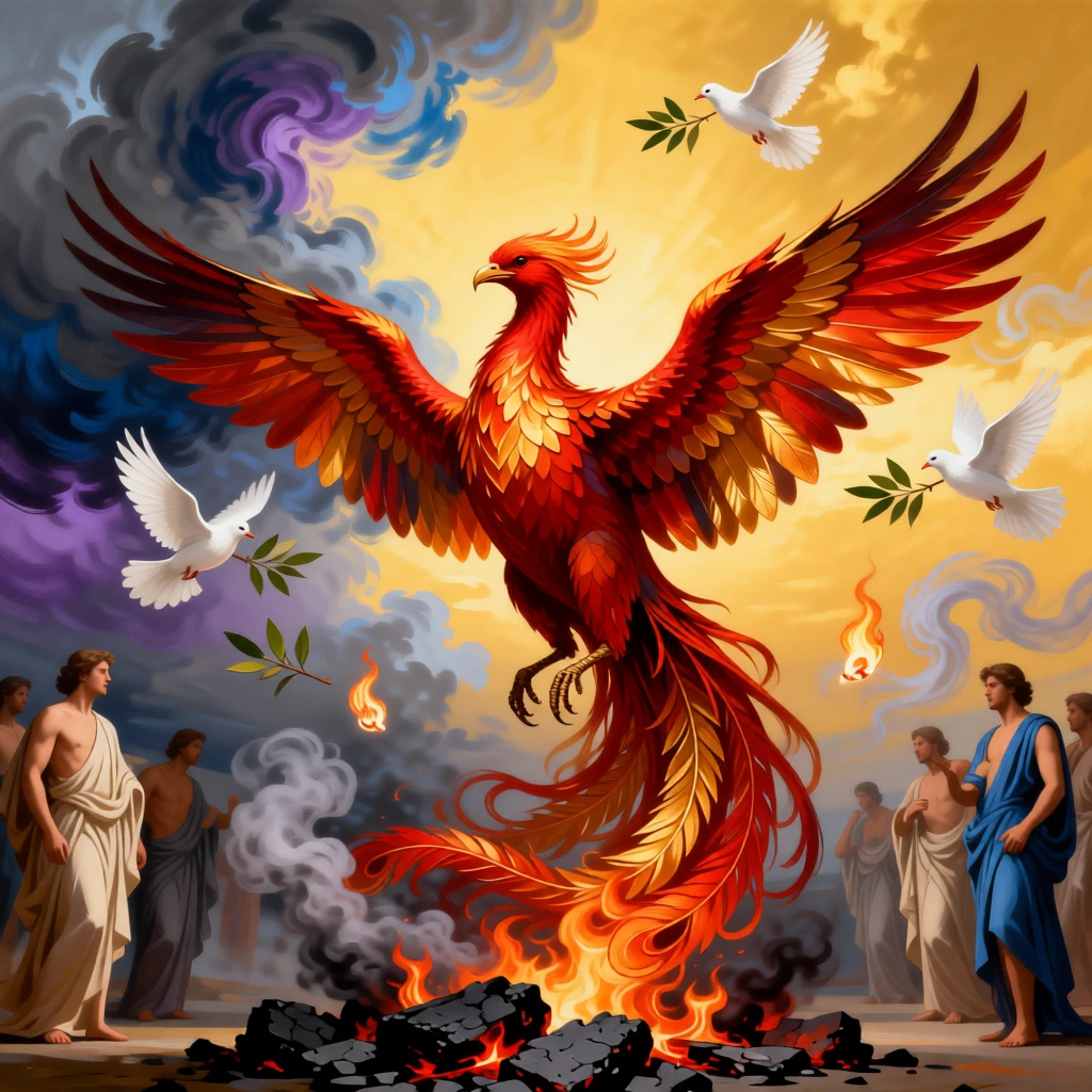 A phoenix rising from smoldering embers toward a golden sky as unseen forces of fate quietly converge, set beneath a sky divided between storm and radiant light, with doves, olive branches, or flames rendered as carriers of deeper meaning; supporting figures orbit the central allegory like planets around a sun, capturing the eternal struggle between light and shadow.