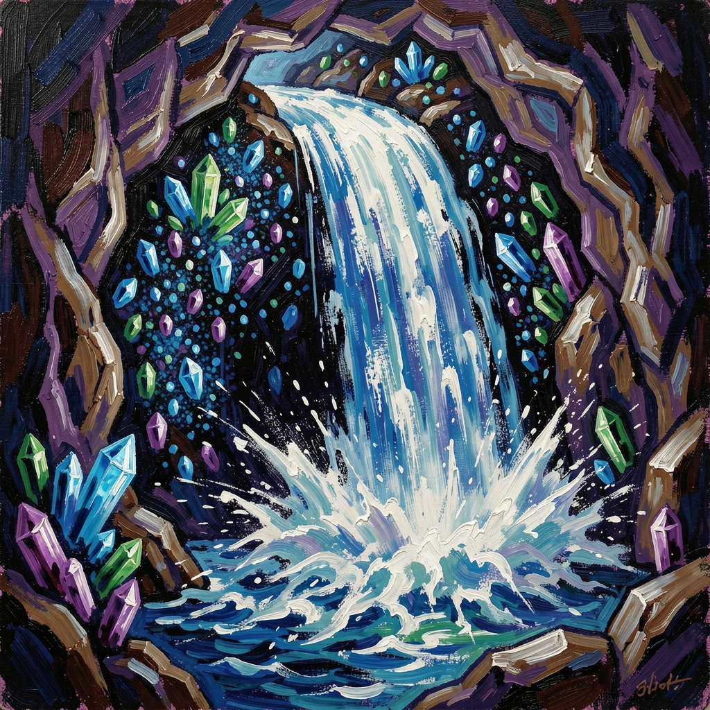 A hidden waterfall cascading into a cave lit by thousands of glowing crystals.