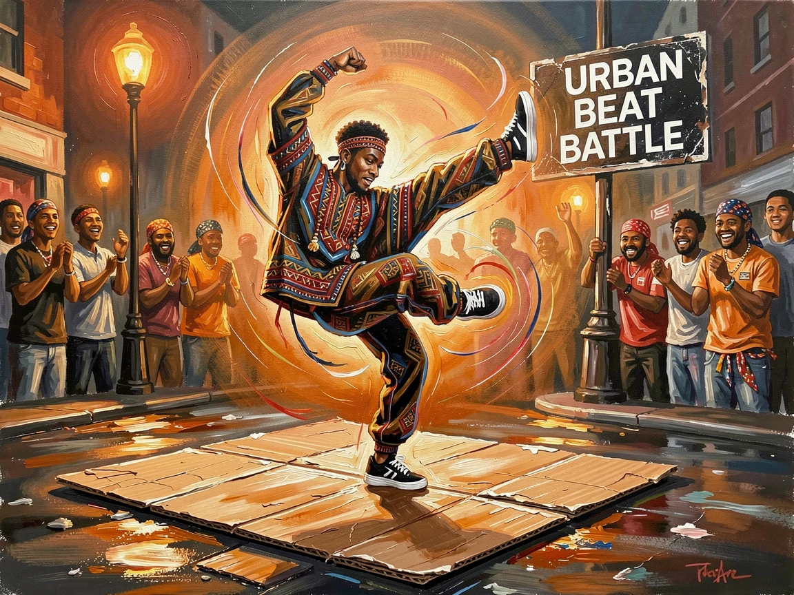 A breakdancer freezes mid-spin on a cardboard mat beneath city streetlights, a circle of onlookers cheering in the background, small traditional details in costume and decoration rewarding a closer look.