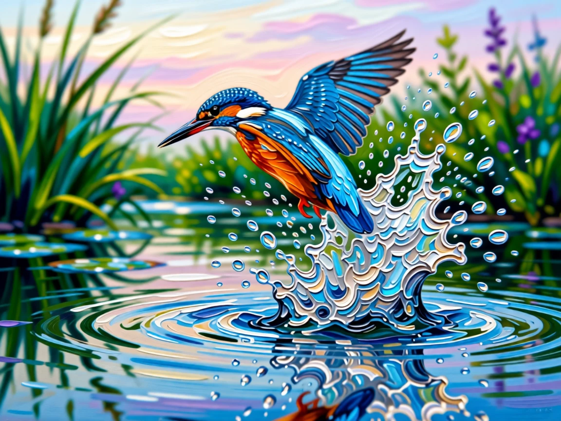 A kingfisher diving into a still stream, water erupting in a silver splash