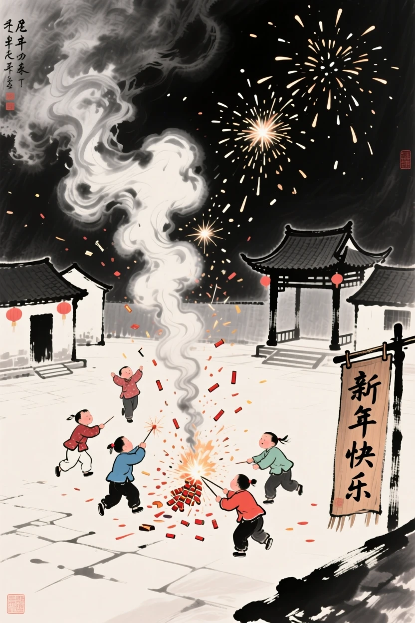 Children set off firecrackers in a village square during New Year celebrations, with smoke and sparks rising into the night air.