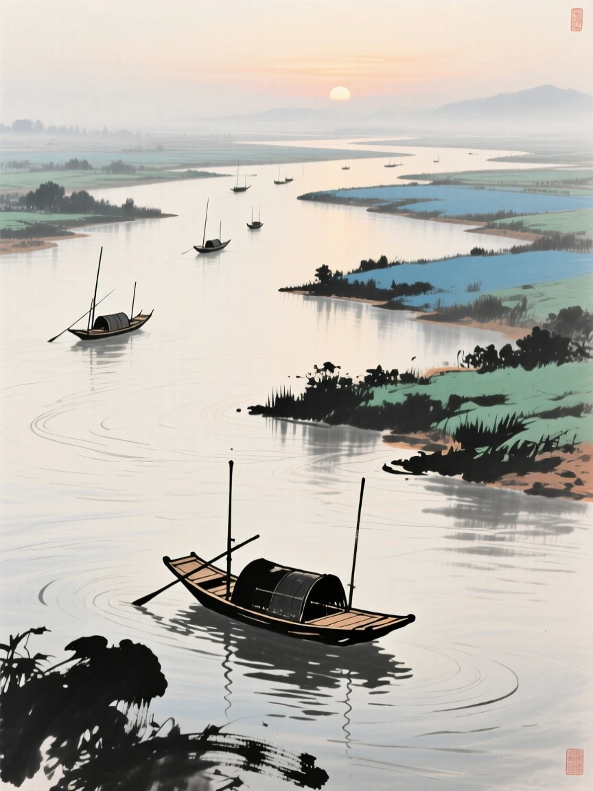 A wide river delta dotted with small fishing boats, where a small wooden boat drifts silently on the water, in the quiet hour before sunrise.
