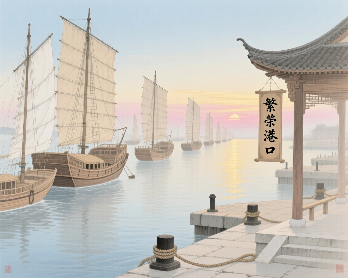 A fleet of merchant ships departing a harbor at first light