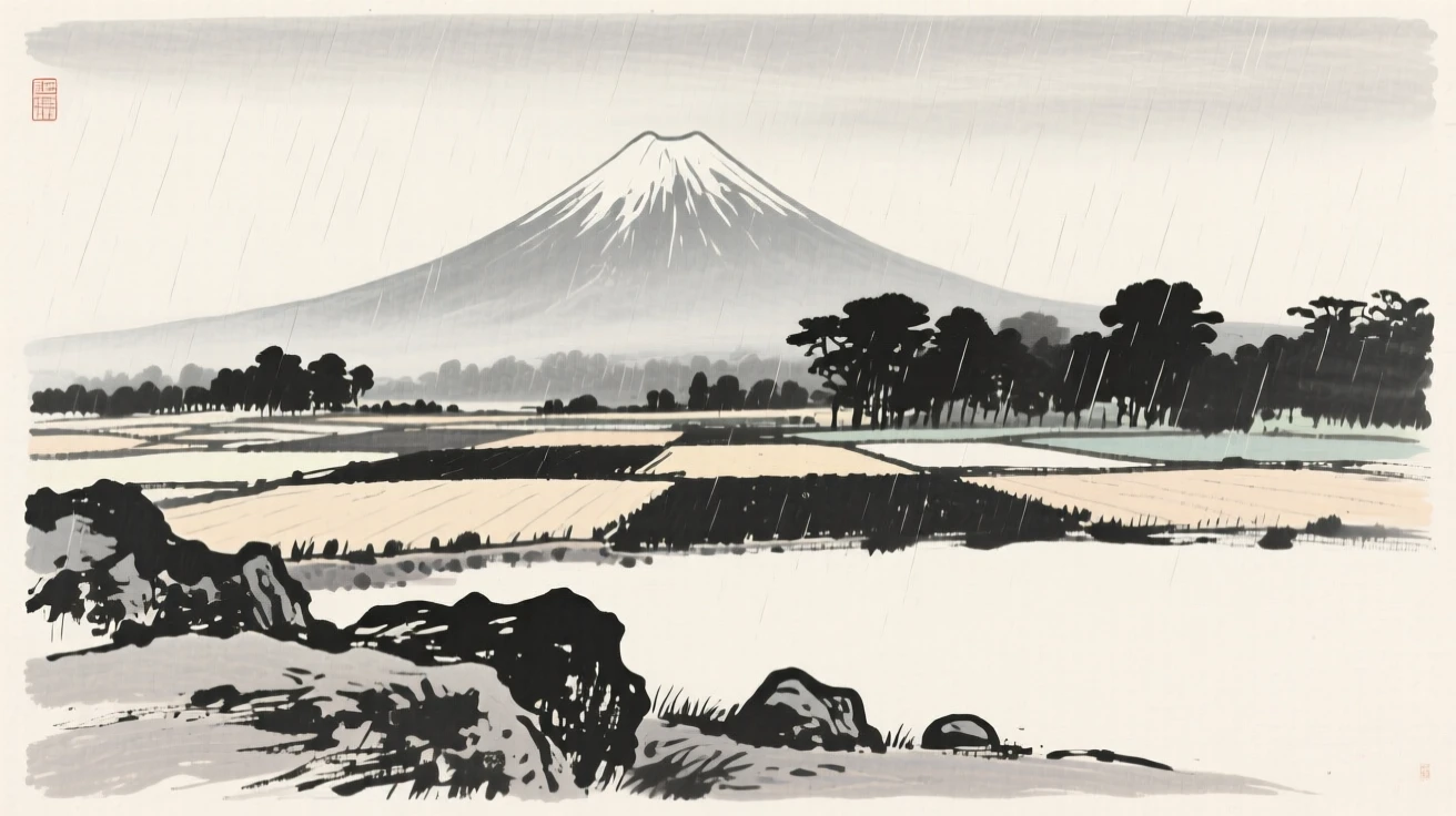 A distant volcano rising above a patchwork of fields while a light rain blurs the distant tree line, framed low, with the foreground rocks leading the eye toward the distance, capturing a fleeting, serene moment suspended in time.