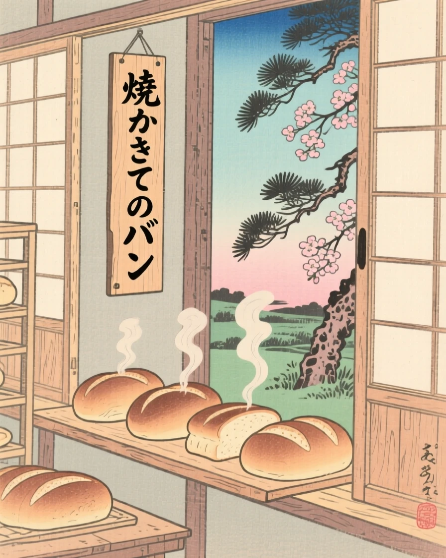 Freshly baked bread on a wooden windowsill displayed along a workshop wall.