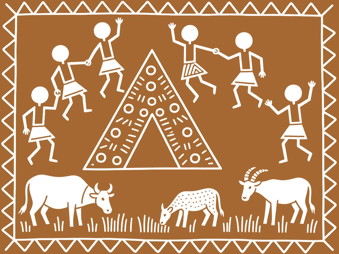 A composition centered on a harvest altar surrounded by dancing figures and grazing animals.