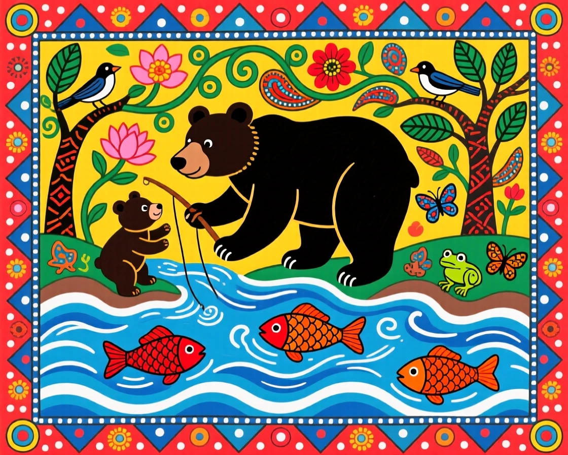 A mother bear teaching her cubs to fish in a rushing stream.