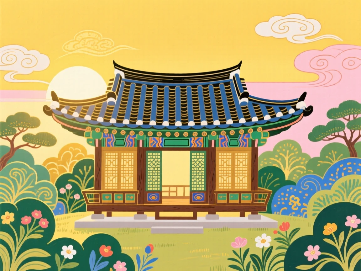 A garden pavilion, as golden light spreads across the sky at dawn.