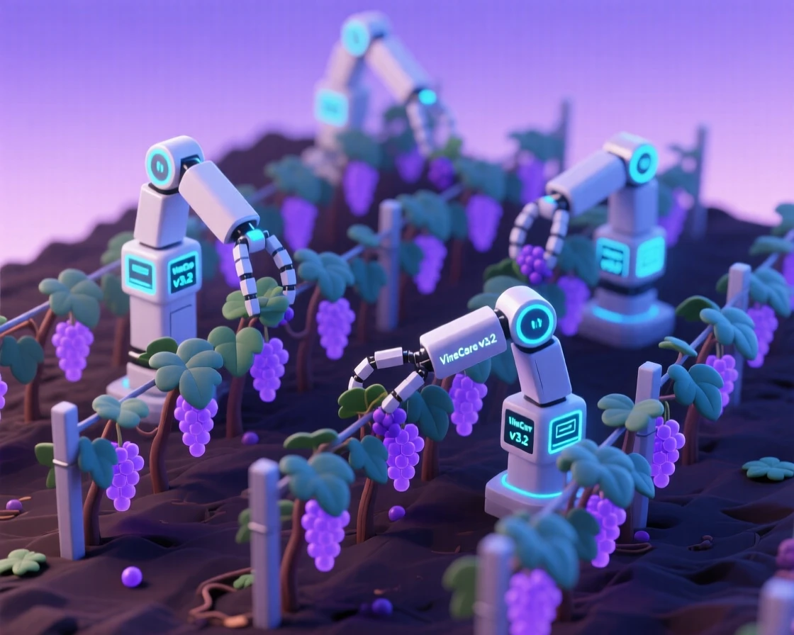 A futuristic vineyard tended by robotic arms, rows of glowing grapevines stretching beneath a violet twilight sky.