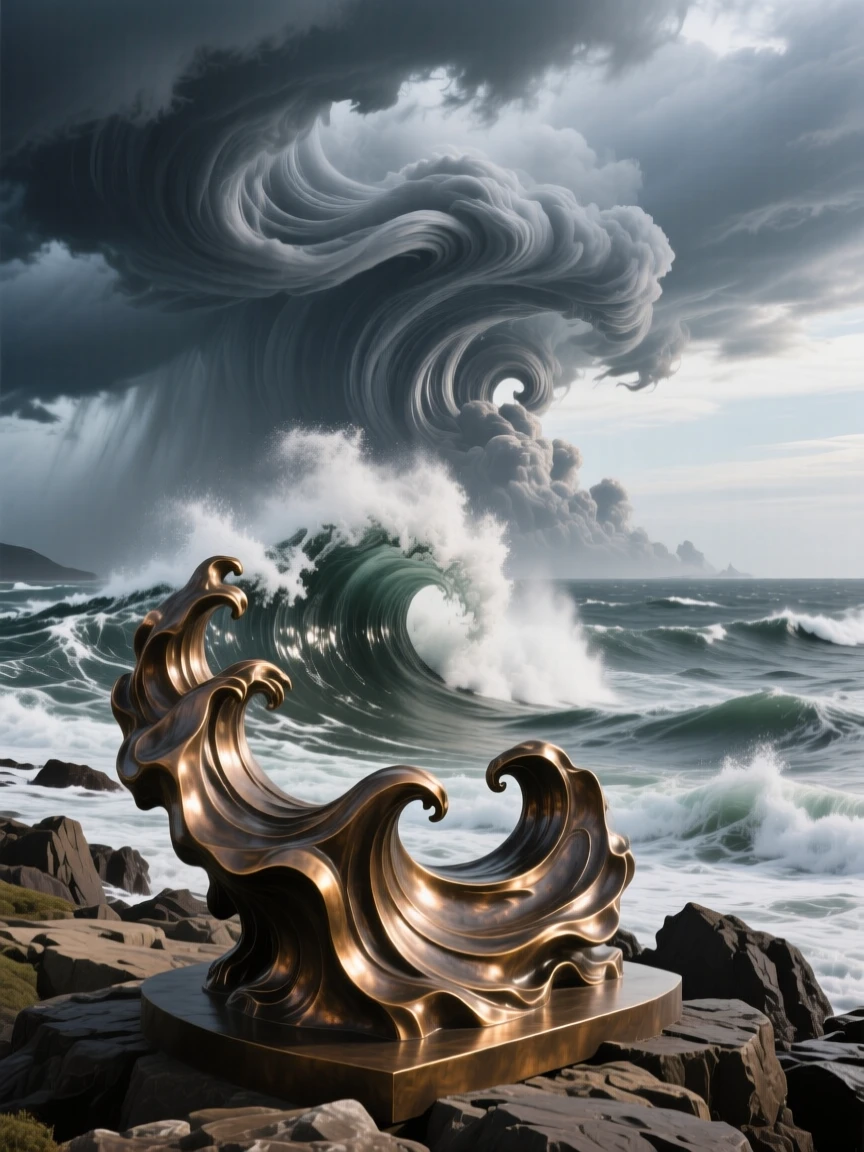 A dramatic coastal storm rolling in over turbulent waves, under a vast and dramatic sky, offering a breathtaking sense of place