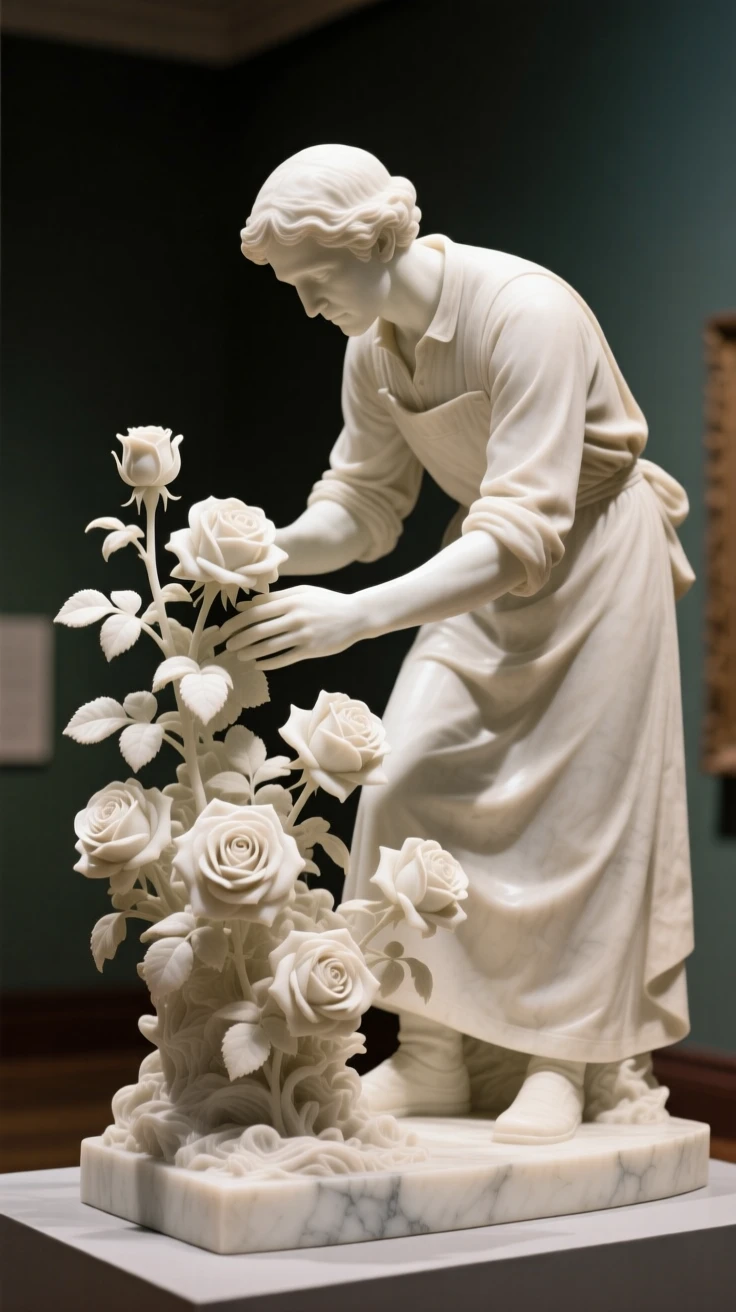 An evocative depiction of a gardener tending roses in early morning light, in a moment of quiet stillness, balancing detail with emotional depth