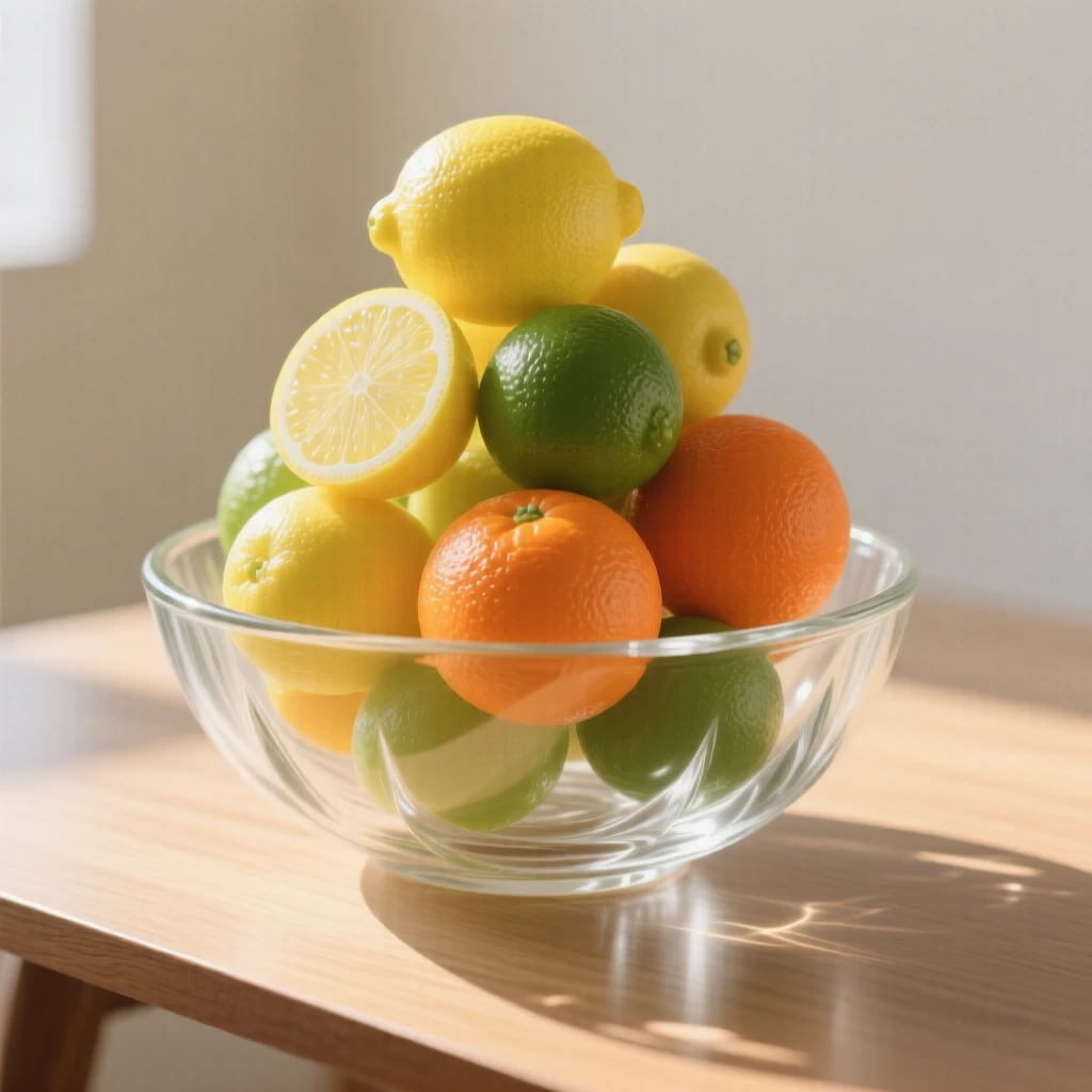 A stack of citrus fruit piled high in a wide bowl while sunlight catches the surface of the table