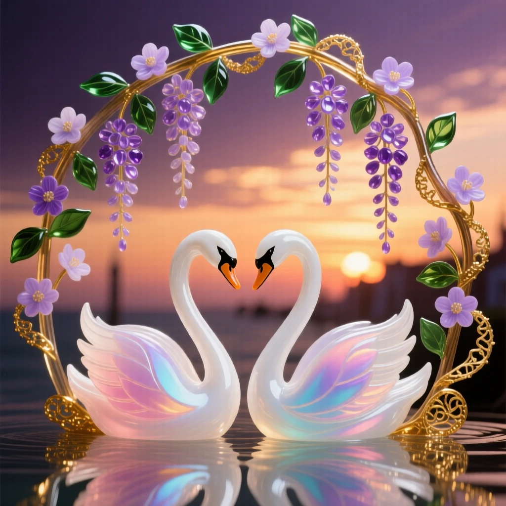 A pair of swans gliding together beneath a blossoming wisteria arch at sunset, romantic and dreamy.