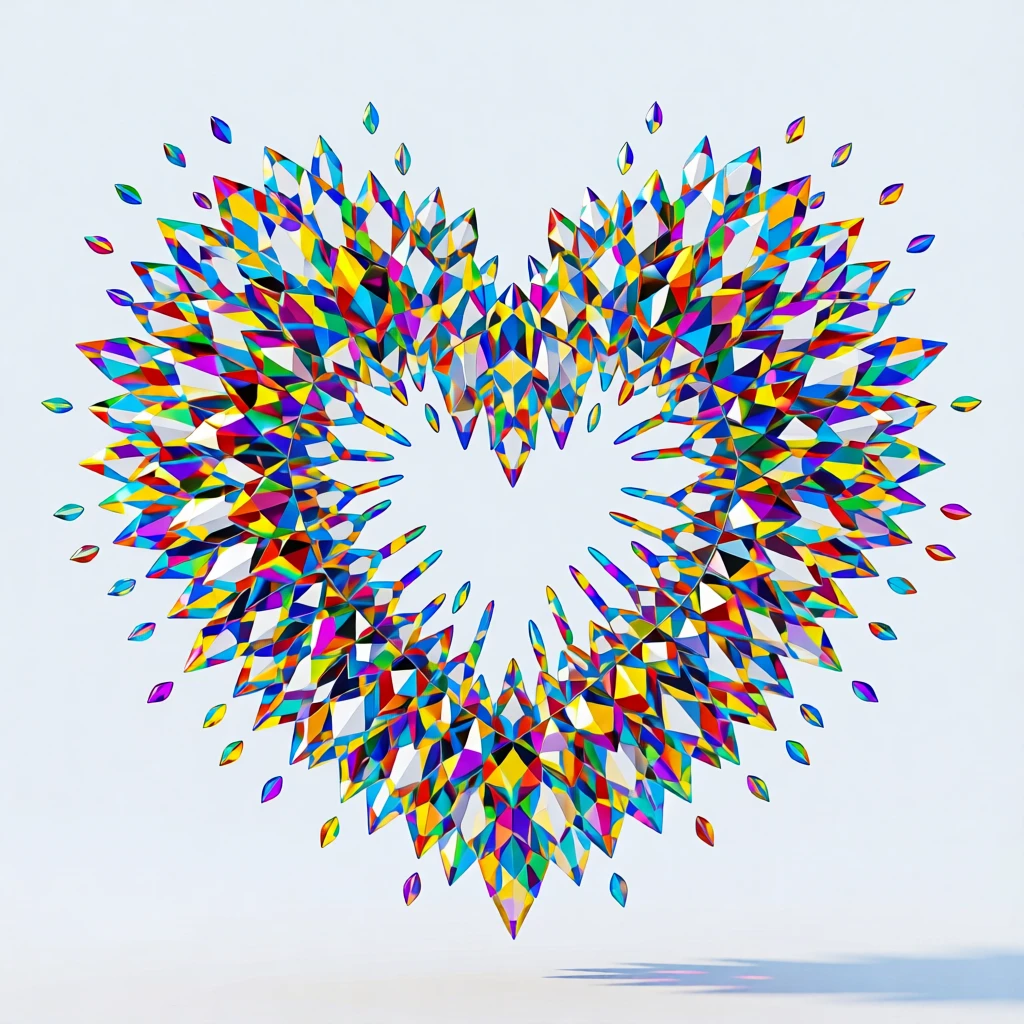 An abstract explosion of colorful confetti frozen mid-air forming a heart shape.