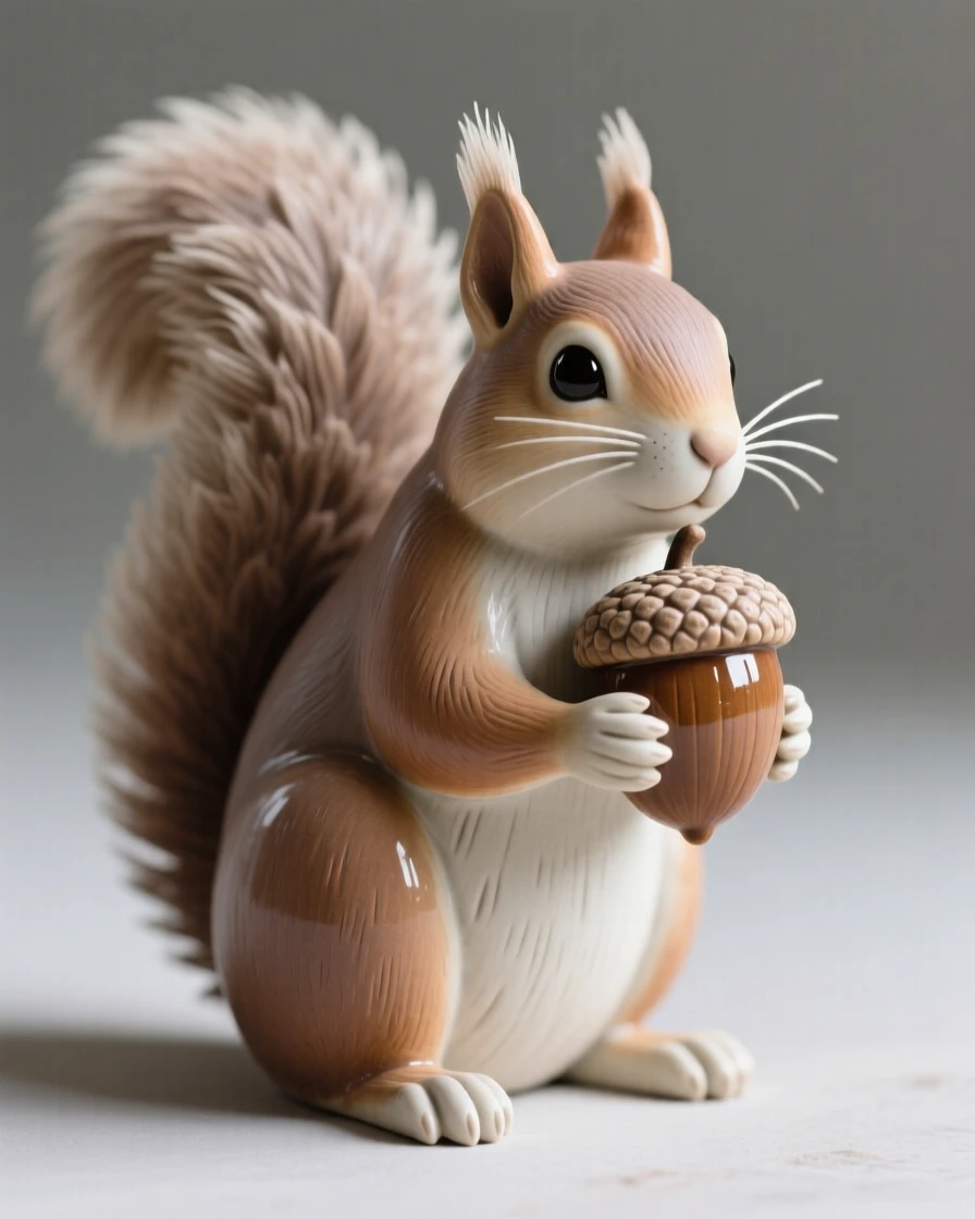 A squirrel clutching an acorn frozen in a moment of quiet vigilance, with delicate whiskers catching the light, capturing a fleeting moment of untamed grace.