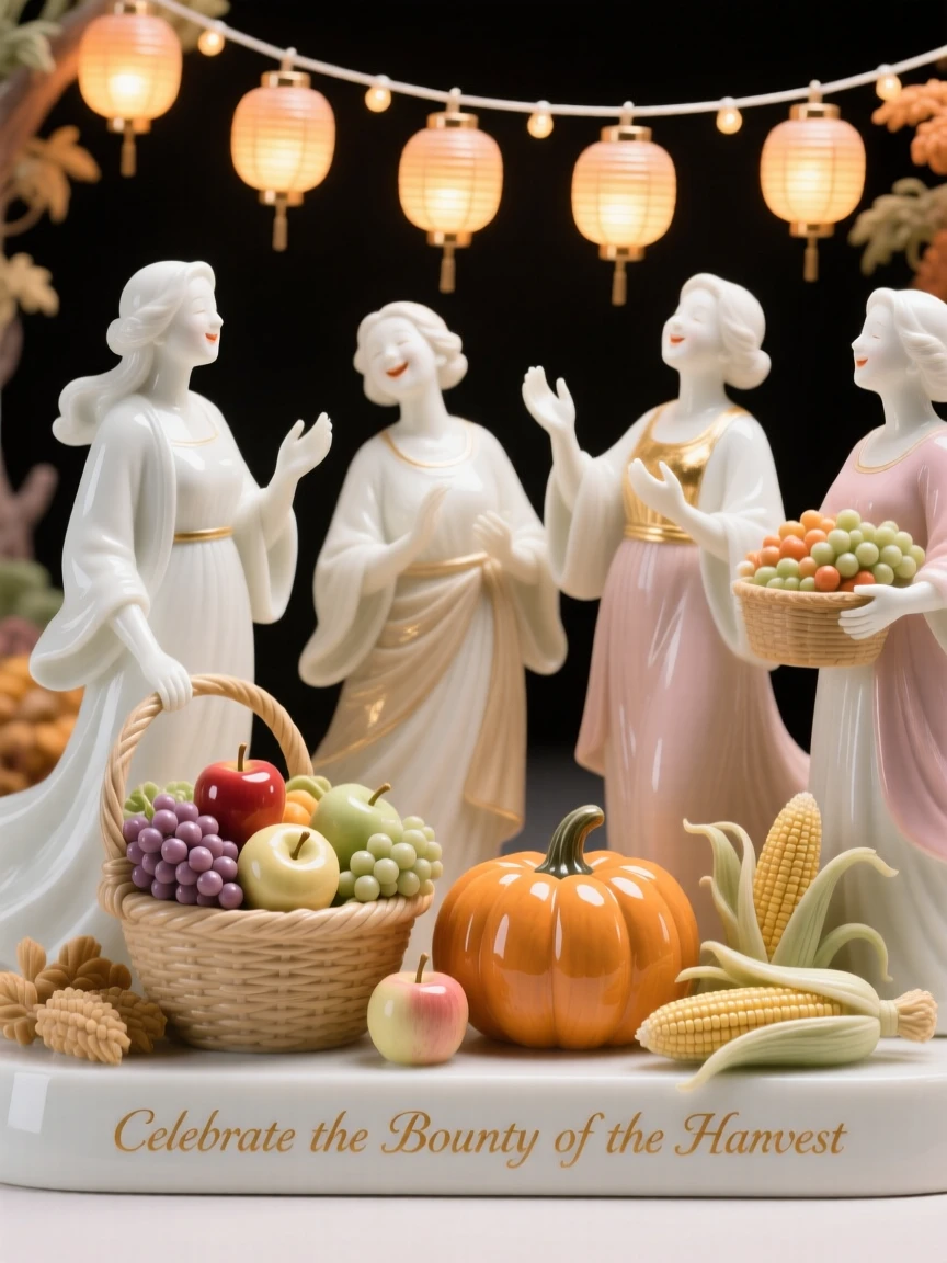 A joyful a harvest festival with baskets of produce scene, softly glowing from strings of light.