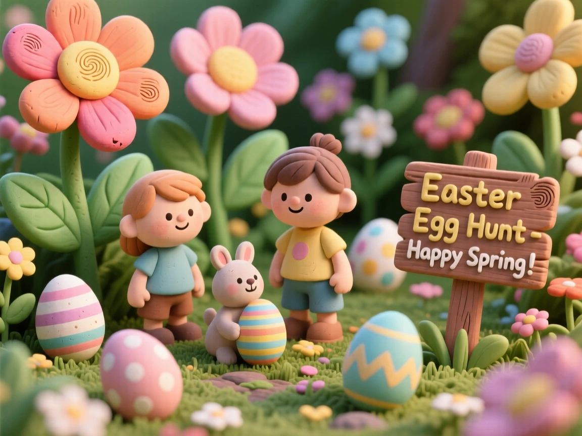 A springtime Easter egg hunt in a garden of blooming flowers