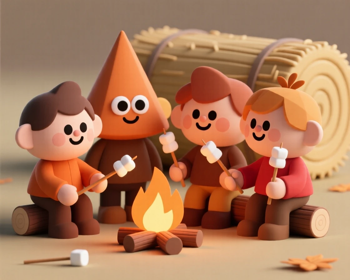 A joyful group of friends toast marshmallows over a bonfire during a chilly autumn hayride.