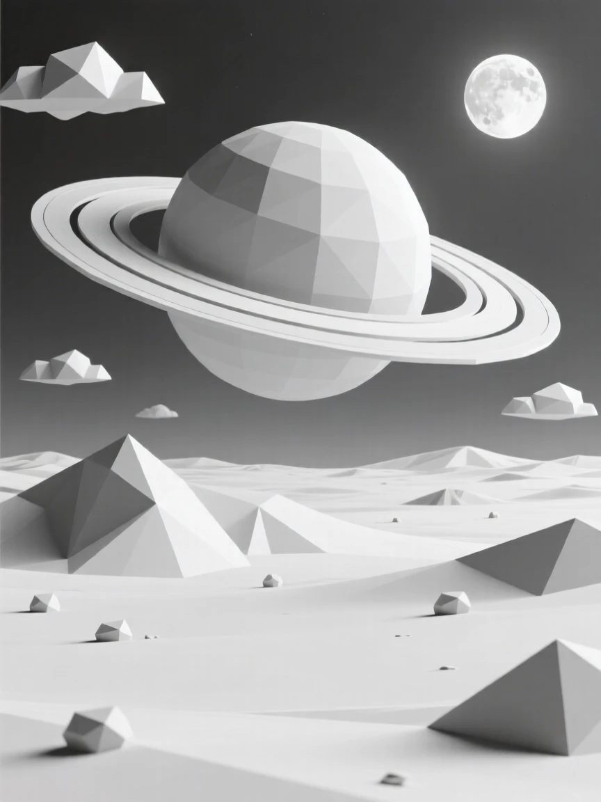 A ringed planet rising over an alien desert, amid drifting clouds lit by moonlight. the scale of the scene emphasizes its vastness and wonder. A sense of quiet wonder fills the cosmos.
