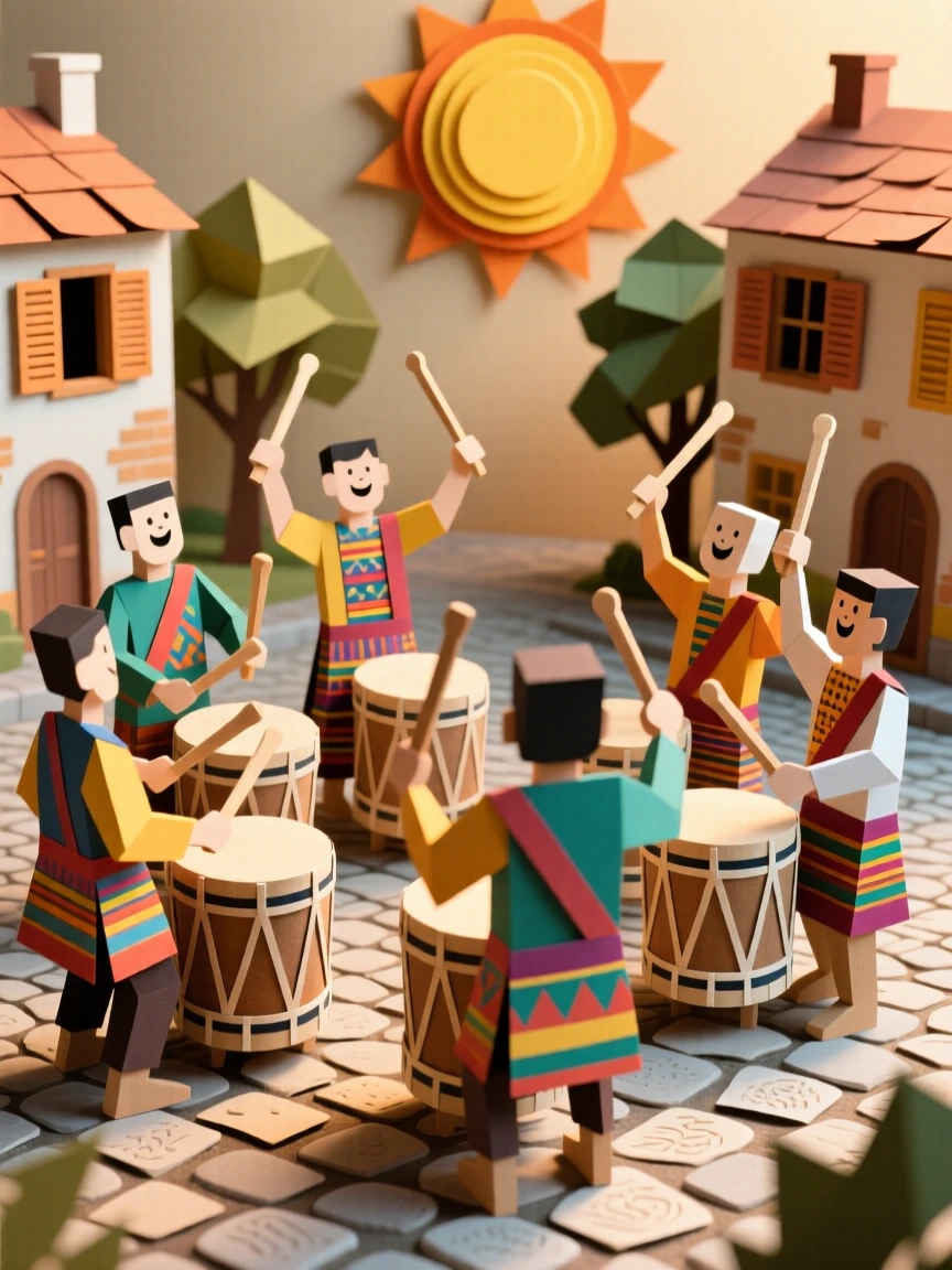 A group of ceremonial drummers celebrated in a lively village square, with warm light illuminating every face, evoking timeless artistry and devotion.