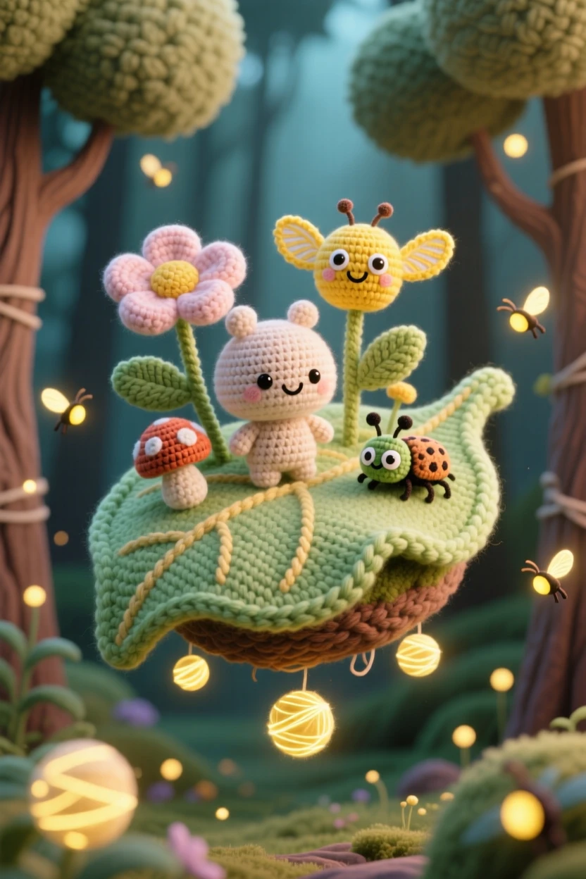 An imaginative scene of a small floating garden shaped like a giant leaf carried gently by the wind, drifting above a quiet forest surrounded by softly glowing fireflies; a scattering of tiny glowing lights nearby, full of gentle magical wonder.