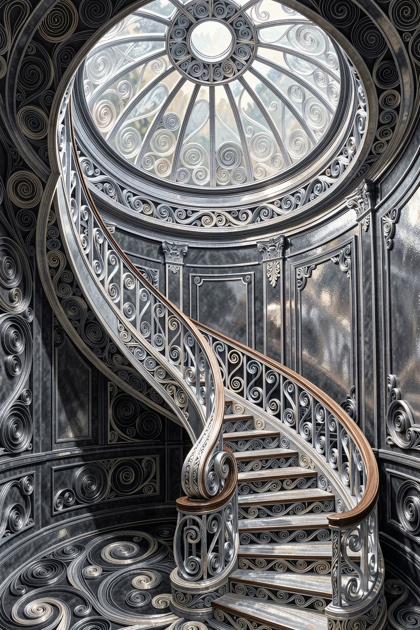 a grand staircase spiraling beneath a domed skylight, in a plush velvet-lined boutique, composed with glossy reflective surfaces throughout, in cool platinum and silver tones.