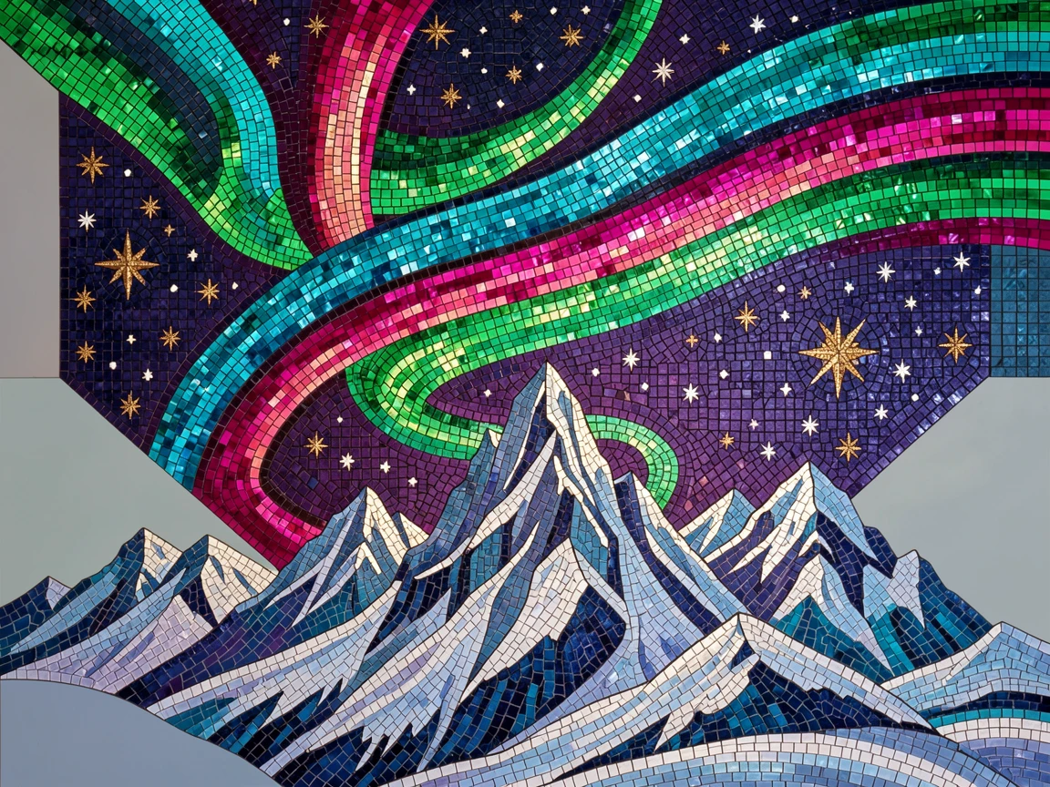 A breathtaking cosmic view of a vivid aurora borealis dancing over a snow-covered mountain range, with rich stars and glowing light.