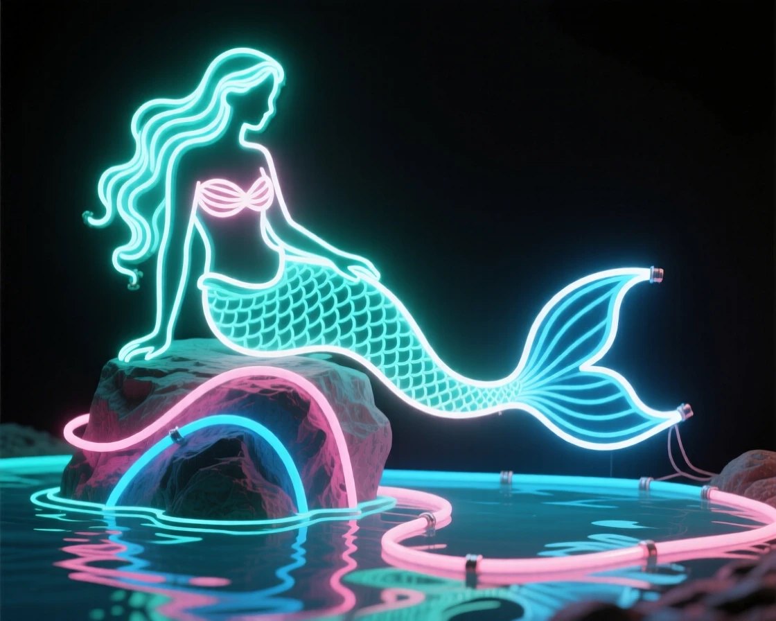 A mermaid perched on a rock at the edge of a tide pool.