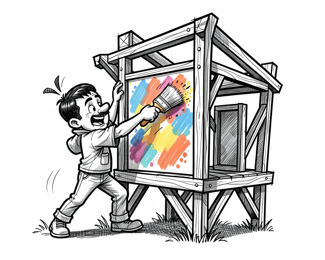 A painter touching up a colorful mural on the frame of a half-built treehouse.