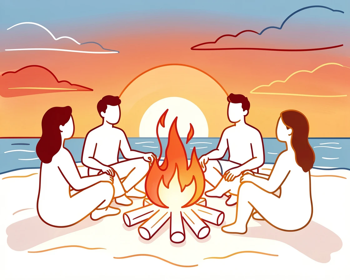 A summer beach bonfire with friends silhouetted against a fiery sunset.