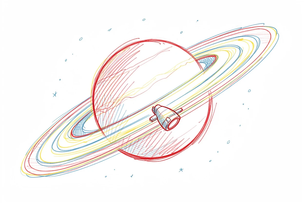 A space explorer's capsule drifting past the rings of a giant planet